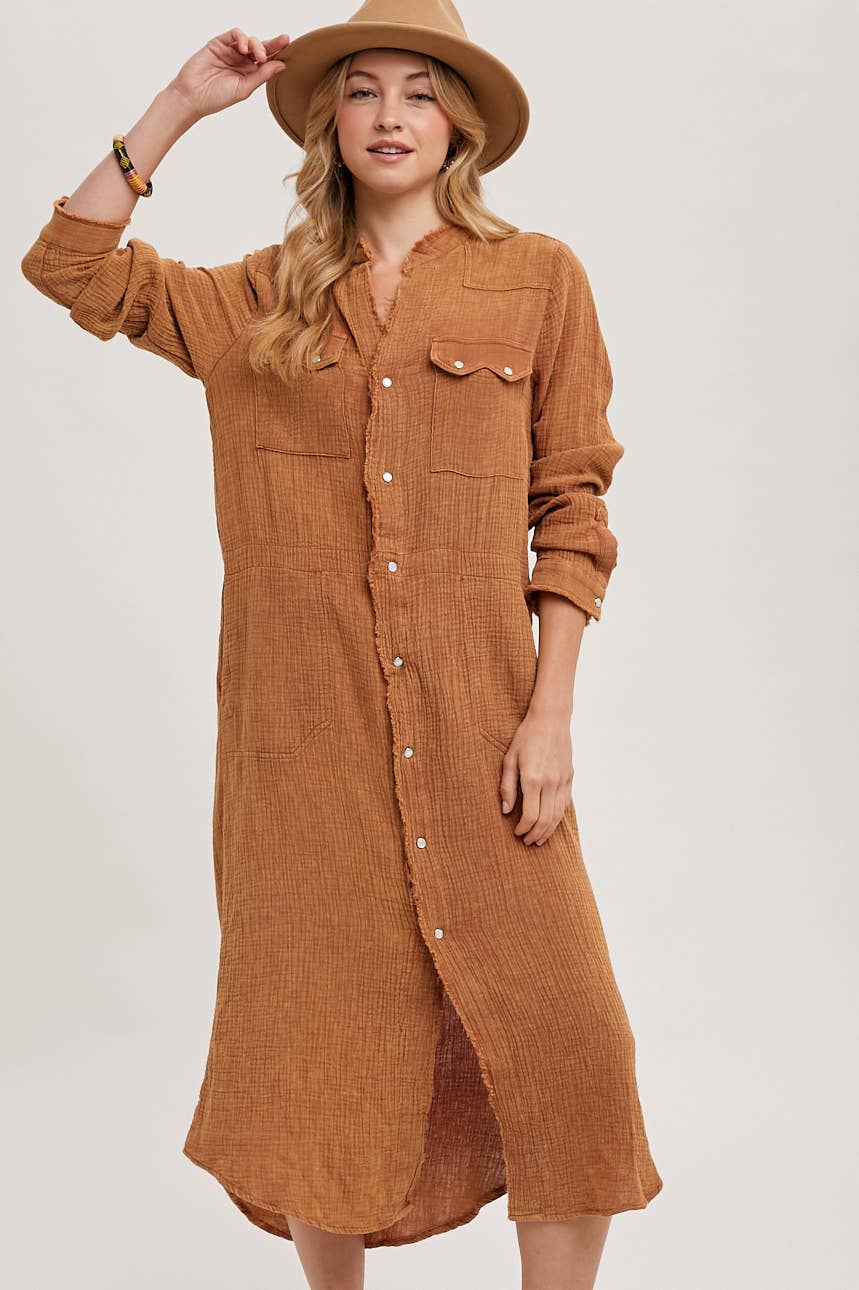 WASHED DENIM MIDI BUTTON DOWN SHIRT DRESS: ASH / D01666