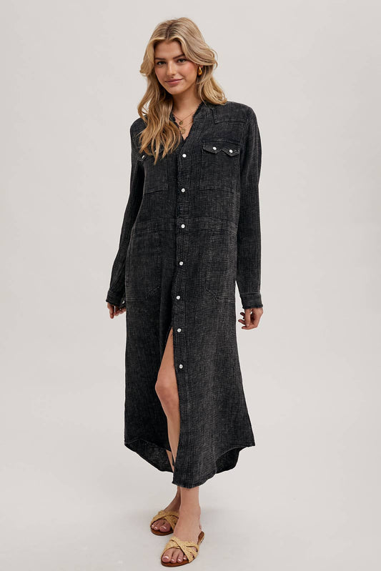WASHED DENIM MIDI BUTTON DOWN SHIRT DRESS: ASH / D01666
