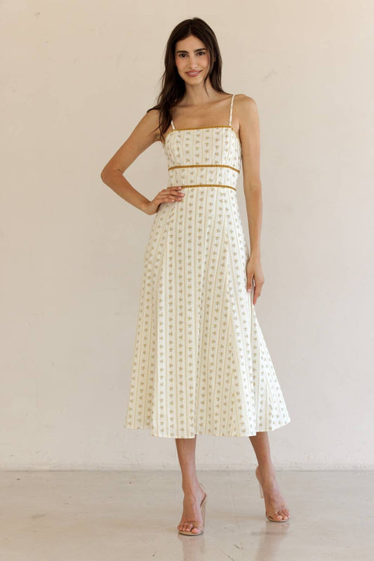 JD7723-FLORAL STRIPED MIDI DRESS: CREAM/YELLOW FLORAL