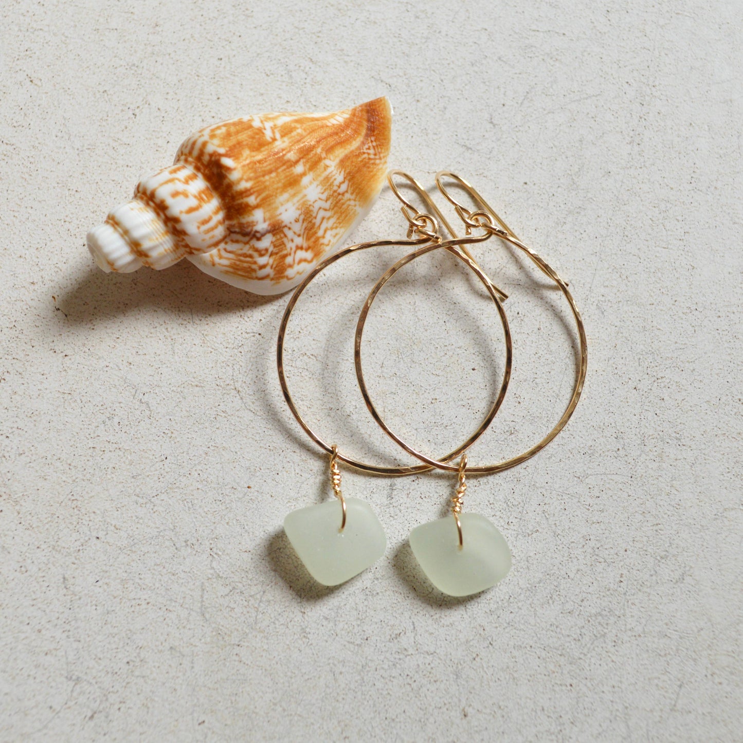 Opaque Sea Foam Glass Hoops: Gold Filled