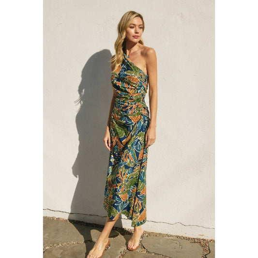 Havana One Shoulder Ruched Midi Dress: ECLIPSE TROPICAL / FD12341-P1722_1