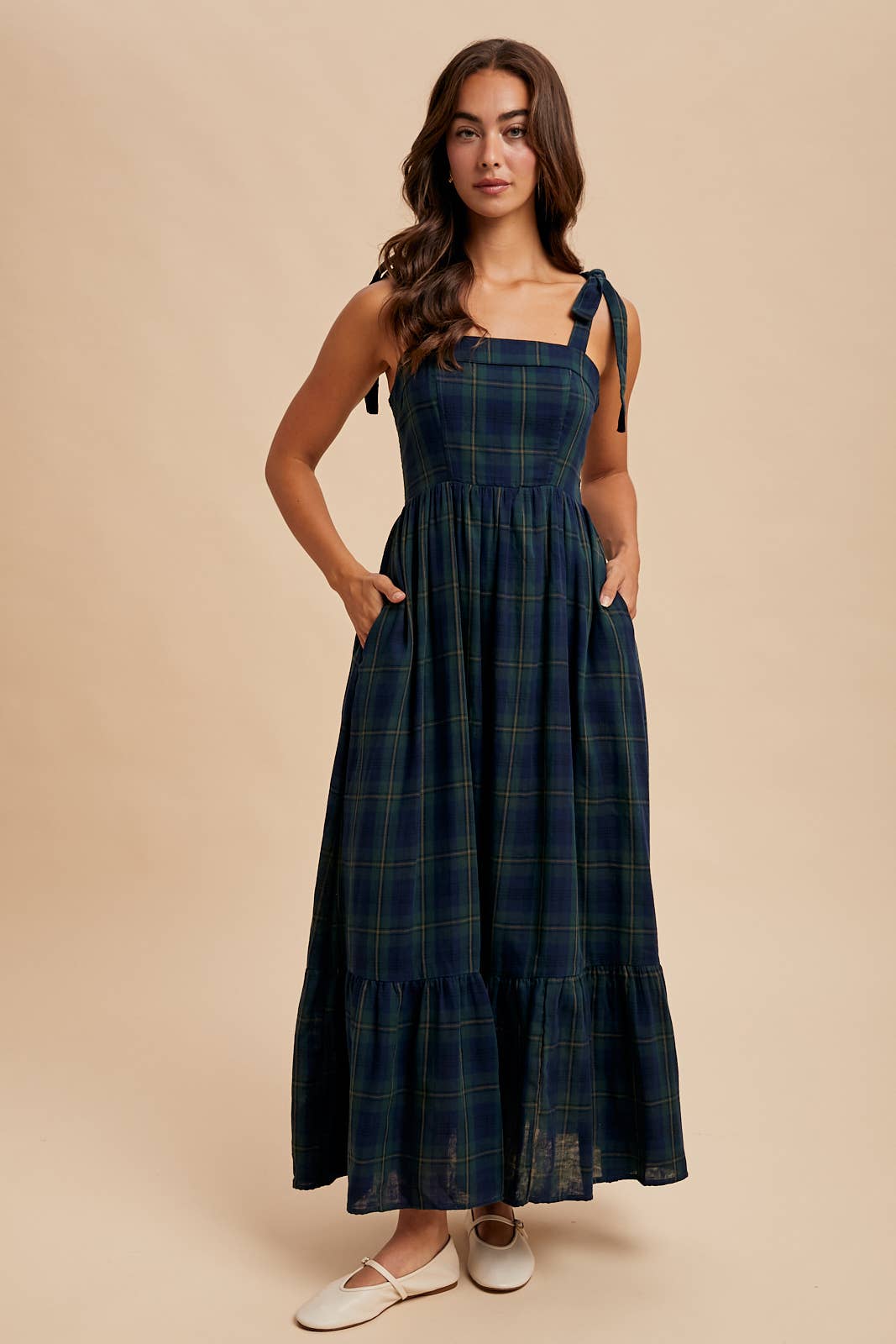 TARTAN COTTON MAXI DRESS: GREEN / ILD6399