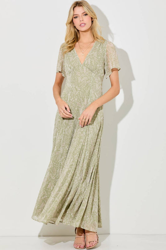 CHIFFON PRINTED V-NECK MAXI DRESS: LT SAGE