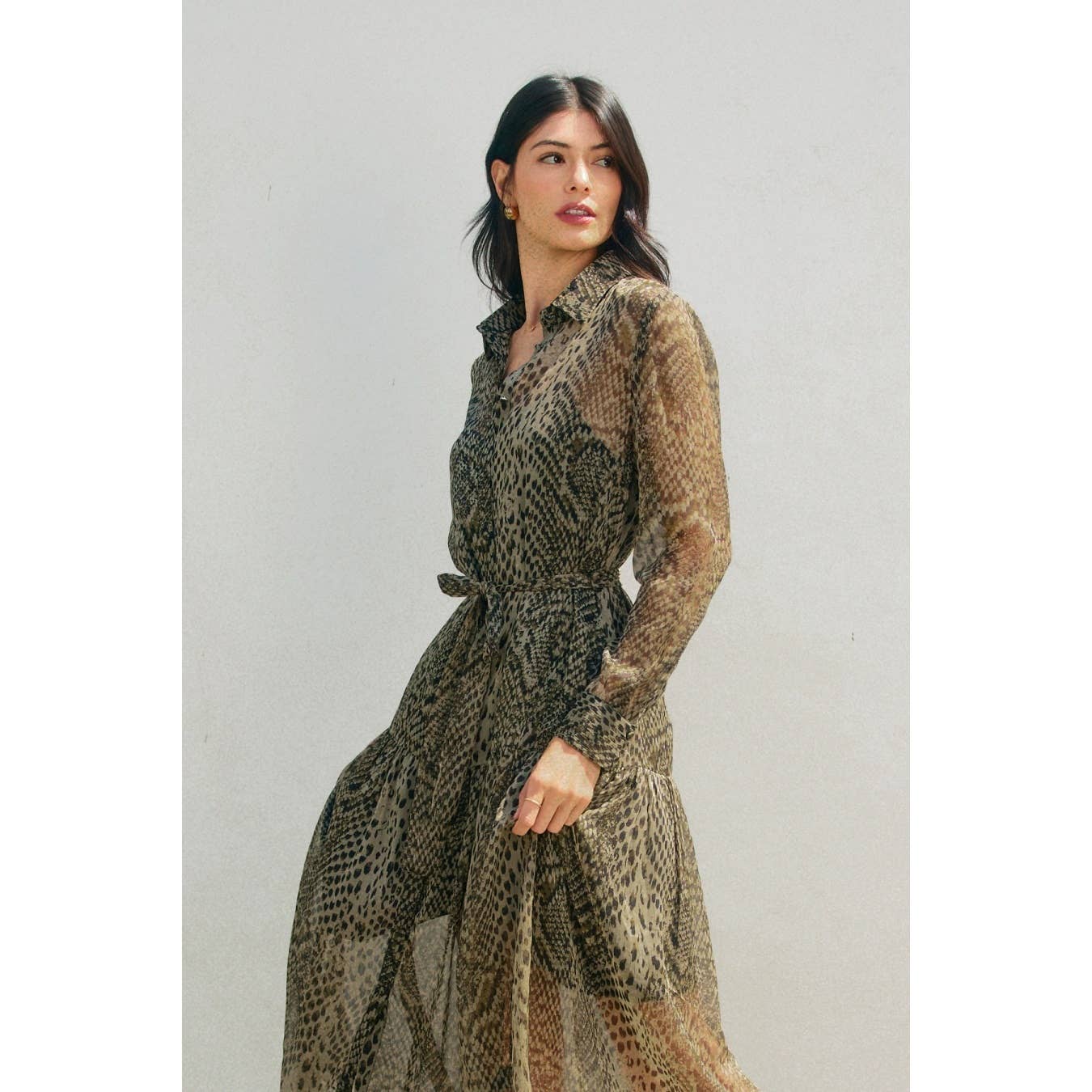 Snake Cave Collared Belt Midi Dress: OLIVE BLACK / FD12895-CP566_1