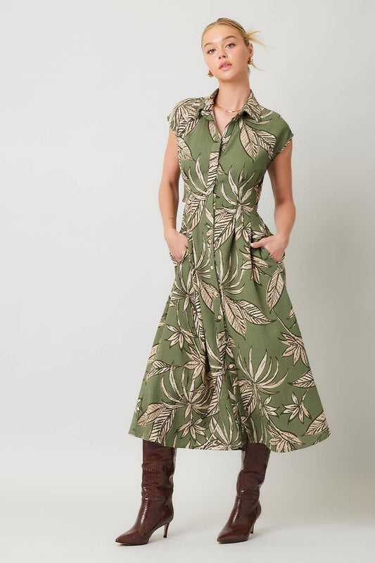 Printed Linen Cut Out Back Midi Dress : OLIVE / IM8755