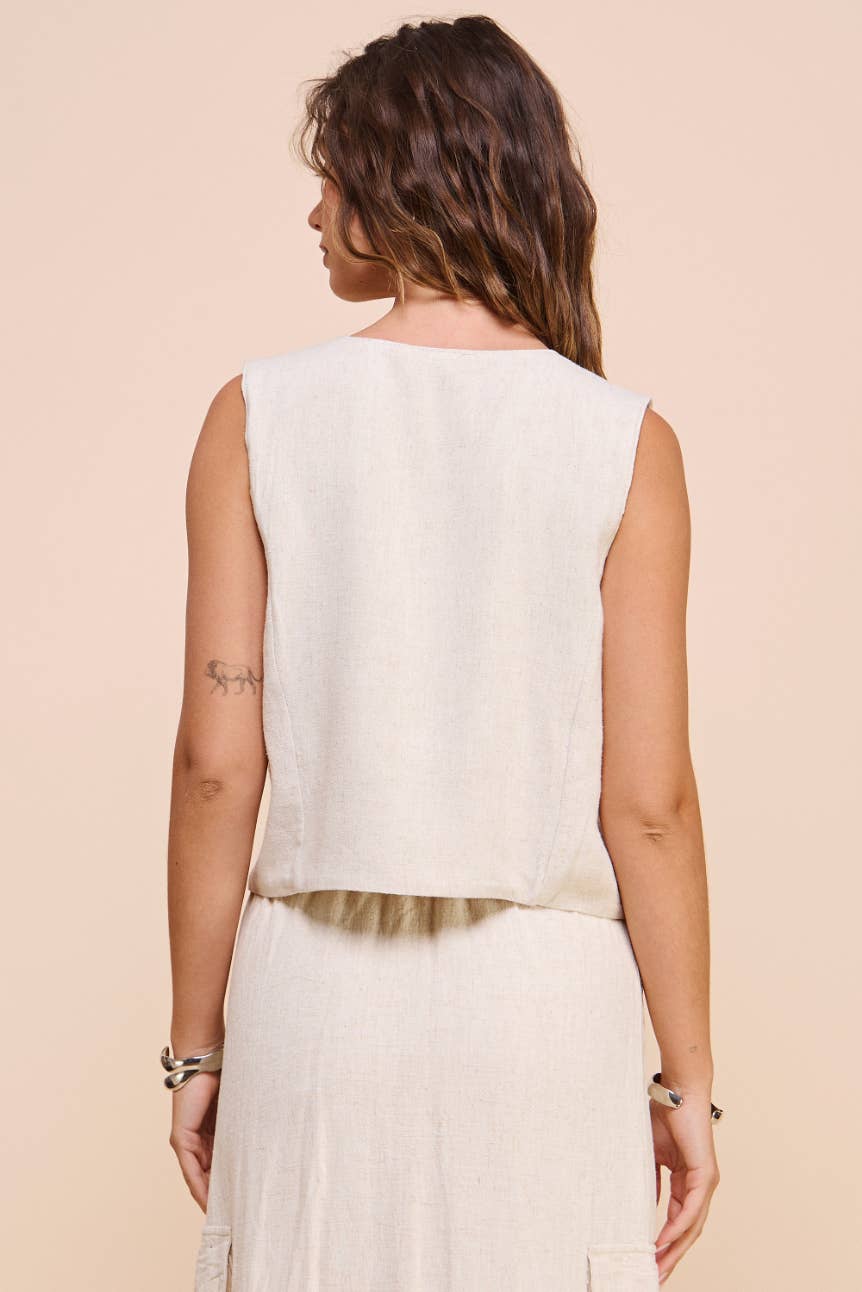 ISB1349 Linen Tie Vest Oatmeal: White