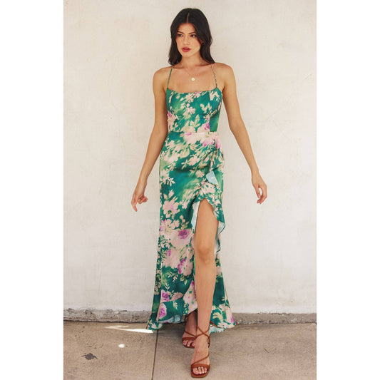 Giverny Open Back Ruffled Maxi Dress: EVERGREEN GARDEN / FD9733-P1759