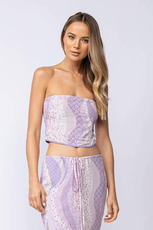 MULTI FLORAL PRINT STRAPLESS CORSET STYLE CROP TOP: SM-T10228B / My Darling Purple