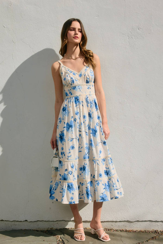 Azure Blossom Lace Trim Tiered Maxi Dress: BLUSHED BLUE / FD12907-P2127