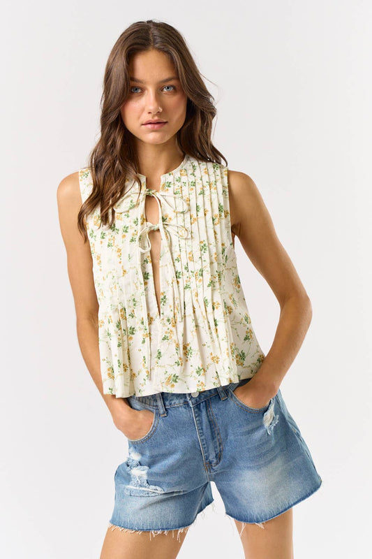 ILT5306 FRONT TIE SLEEVELESS TOP: OFF WHITE-MUSTARD