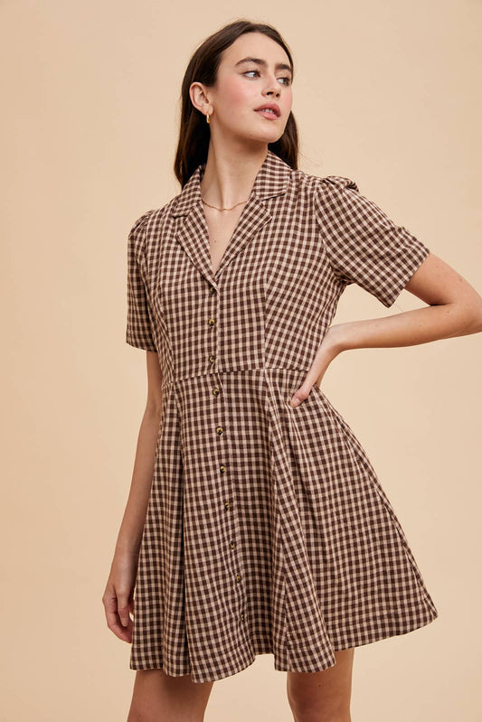 BUFFALO CHECK LAPEL MINI DRESS: MOCHA MOUSSE / ILD6403