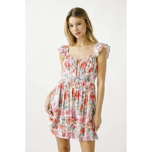 JD6057-1- WARM MULTI COLORED FLORAL A-LINE MINI DRESS: WHITE/MULTI FLORAL
