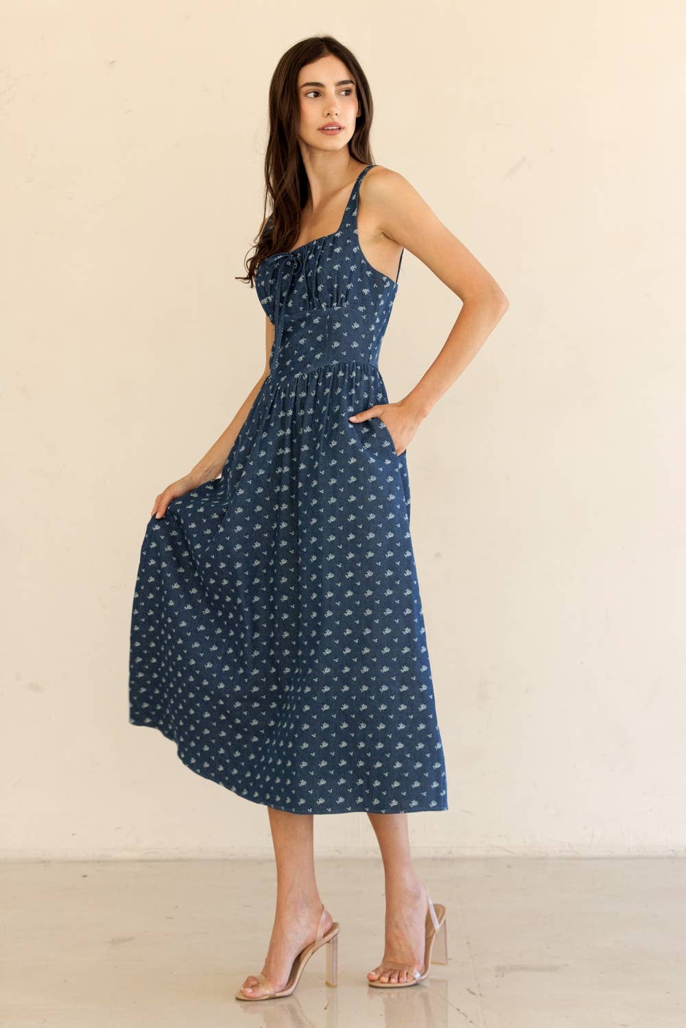 JD7676-DENIM FLORAL CORSET MIDI DRESS: DENIMFLORAL