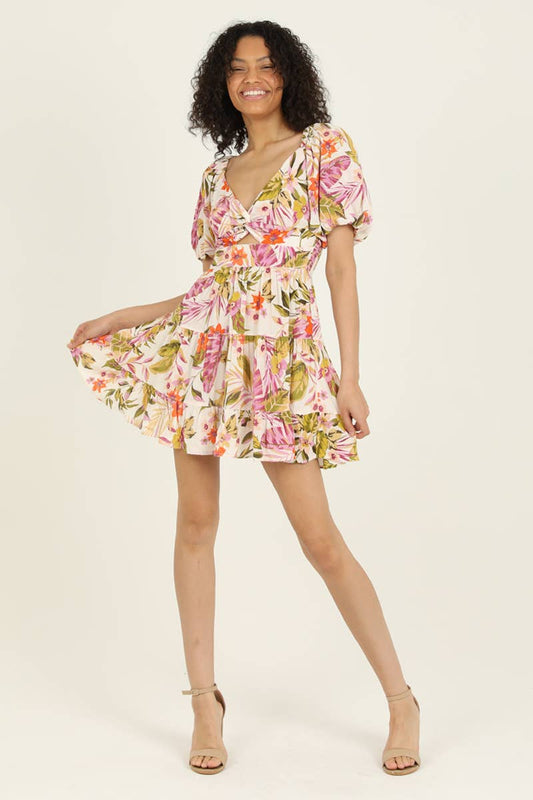 C4B91-A878 V NECK TWIST FRONT PUFF SLEEVE CUT OUT DRESS