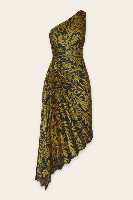 FD10589-P1404 Deco Asymmetrical Pleated Maxi Dress: M / GOLDEN PINE