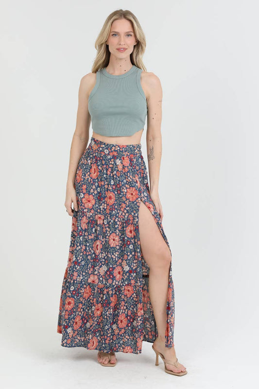26N20-WA34 FLORAL PRINT MAXI SKIRT WITH HIGH SLIT