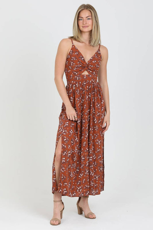 F4B48-WA40 V NECK TWIST FRONT CUT OUT MAXI DRESS