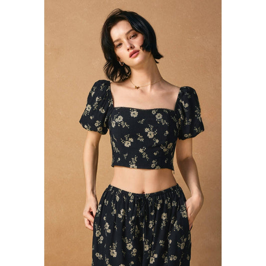 Dancing Moon Puff Sleeve Crop Top: MOONLIGHT FLORAL / FT13226-P2094