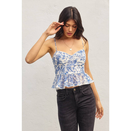 Porcelain Paisley Flared Cami Top: RIVIERA / FT12175-P1729