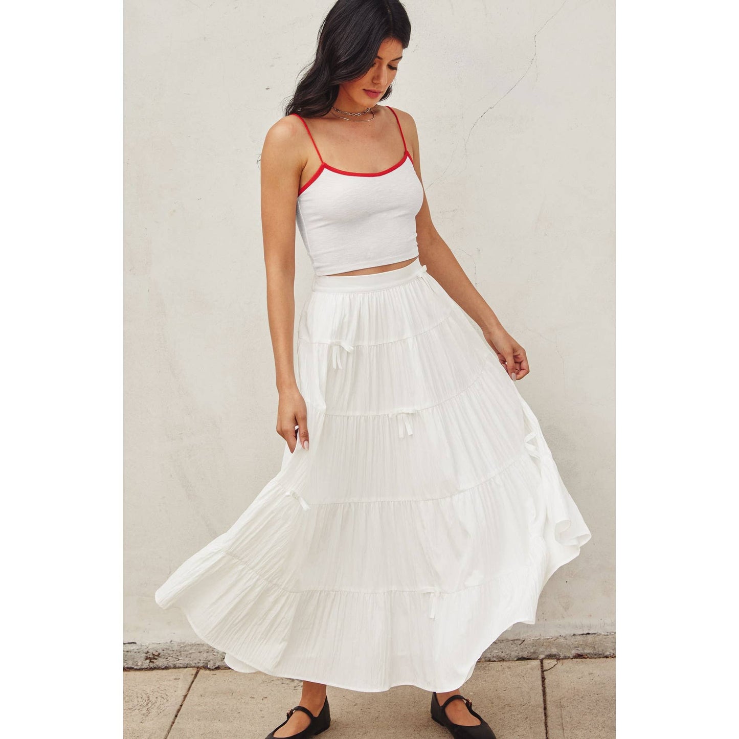 Polka Bow Tie Tiered Skirt: BLACK / FS12417-CP444