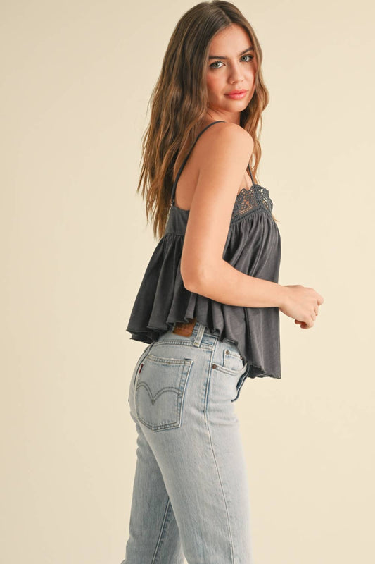T4101   CROCHET CONTRASTED TANK TOP: CHARCOAL