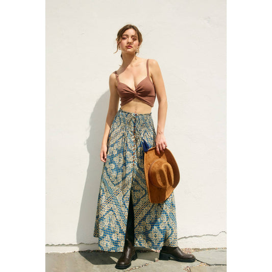 Stay Cute Smocked Hip Midi Skirt: PLAID DENIM / FS12202-P1971_1