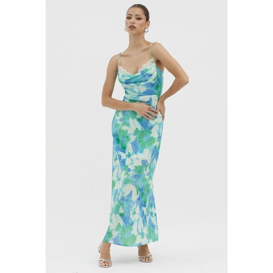 FLORAL PRINT COWL NECK LACE DETAIL MAXI DRESS: GREEN / 64357B01