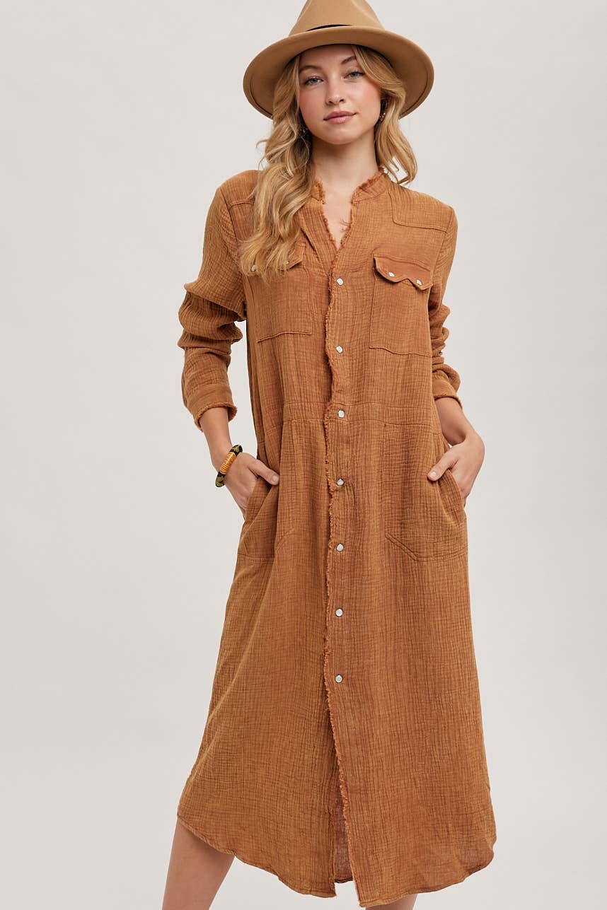 WASHED DENIM MIDI BUTTON DOWN SHIRT DRESS: ASH / D01666