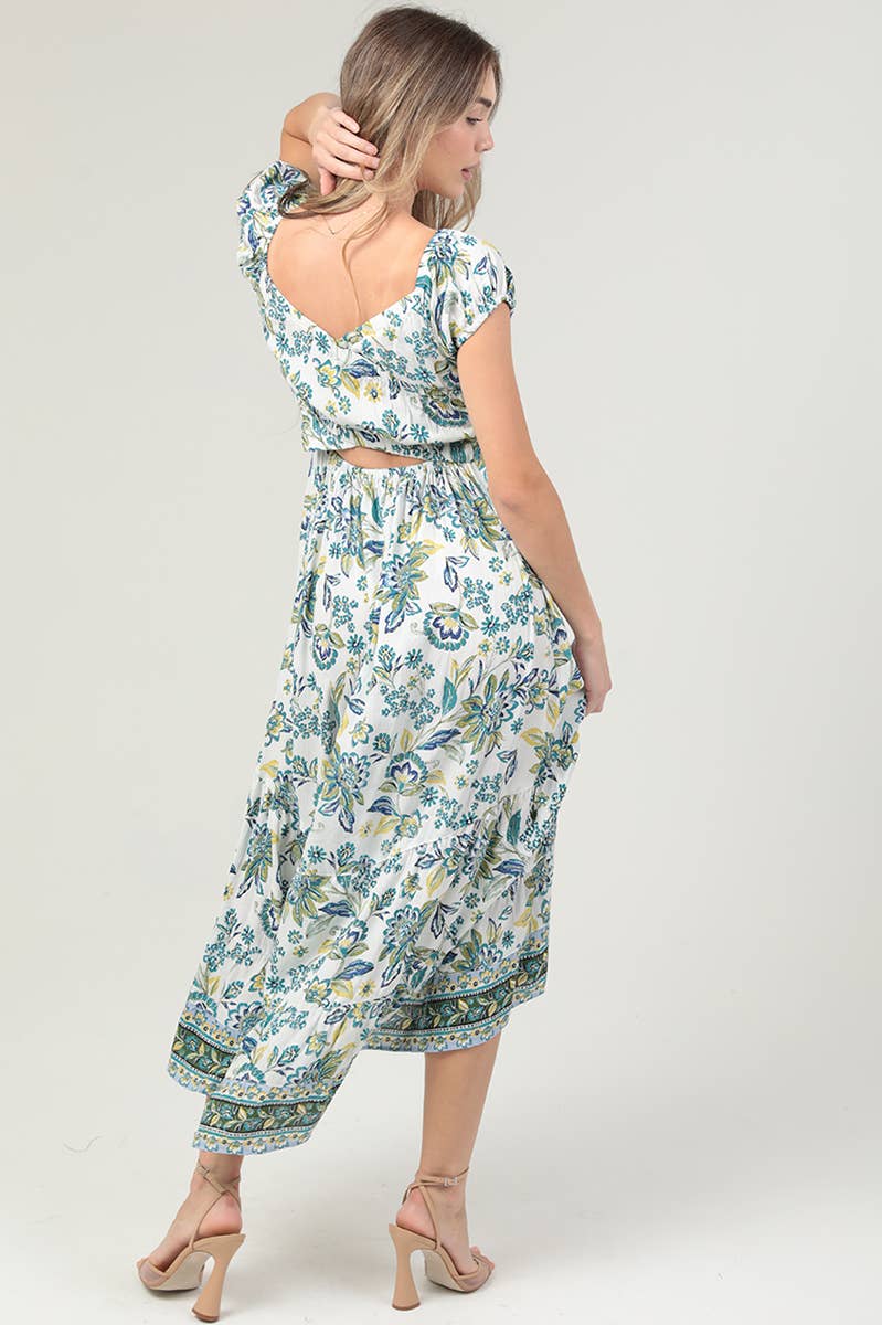 F4K79-FR32 SMOCKED BODICE CRISS CROSS BACK MAXI DRESS W SLIT
