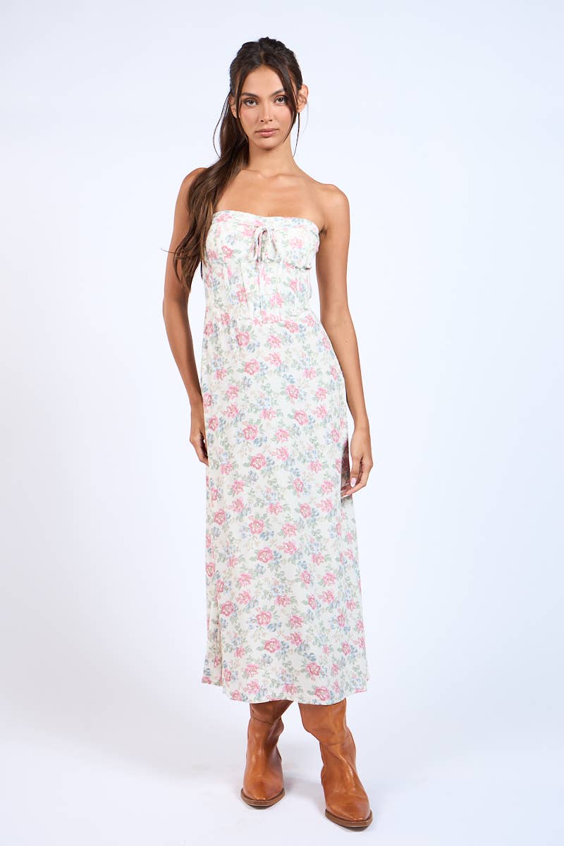 FLORAL STRAPLESS WAIST CUT OUT CORSET LONG DRESS: B/R Combo Floral / SM-D20430K