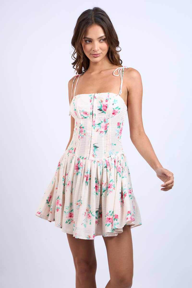 FLORAL CORSET SHAPE HOOK&EYES MINI DRESS: Vanilla Red Flower / SM-D20665C