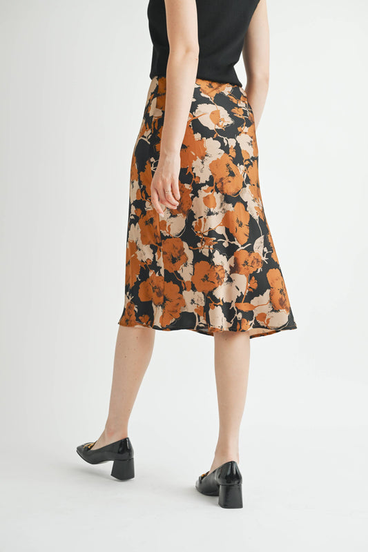 FLOWER PRINT BIAS CUT MIDI SKIRT : BLACK COMBO / FS67306