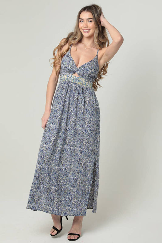 F4B48-W982 V NECK TWIST FRONT CUT OUT MAXI DRESS