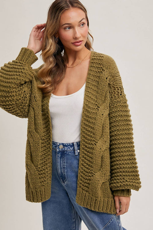CHUNKY CABLE CARDIGAN: OLIVE / C01713