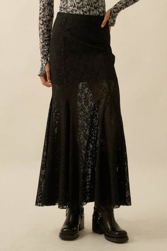 Floral Crochet Lace Fitted Mermaid Maxi Skirt: Black / FSB0126
