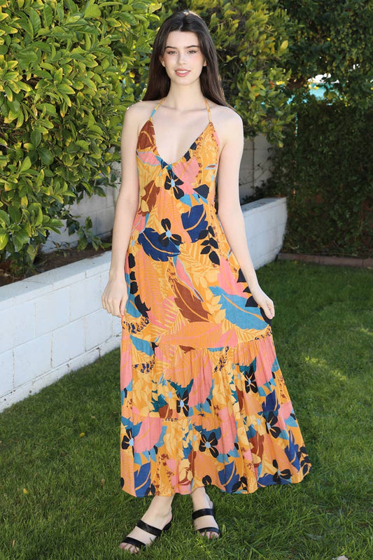 F4H50-A861 V NECK HALTER MAXI DRESS WITH RING BACK DETAIL