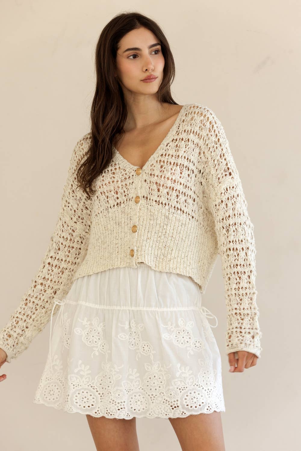 LT2402-CHIC CROCHET CARDIGAN: SAND