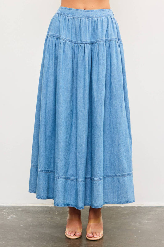 BANDED WAIST SHIRRING TIERED DENIM MIDI SKIRT: WASHED DS0755