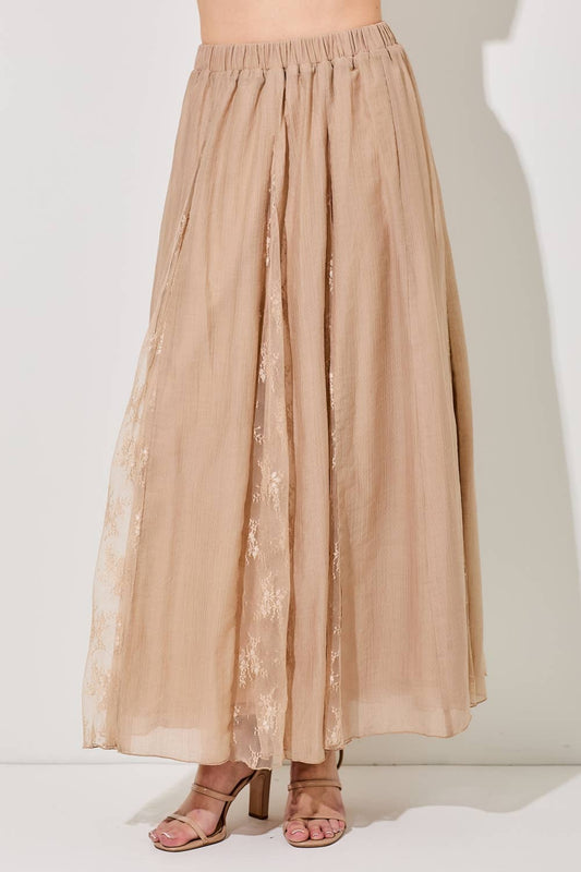 PRINTED FLORAL SHEER MAXI SKIRT: TAUPE / BK1338