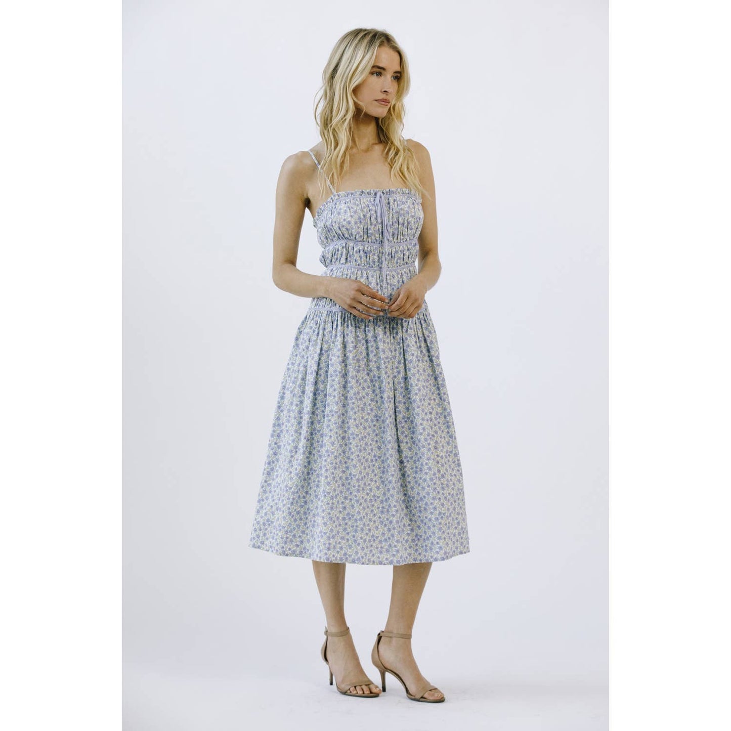 JD4560-1- FLORAL PRINT AND CONTRAST LINING MIDI DRESS: BLUE FLORAL