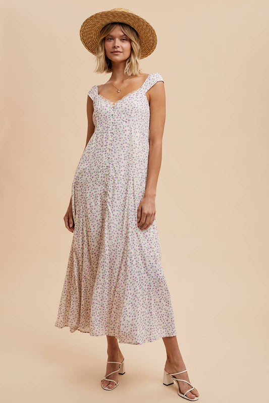 VISCOSE BUTTON DOWN FLORAL DRESS: LAVENDER / ILD5692