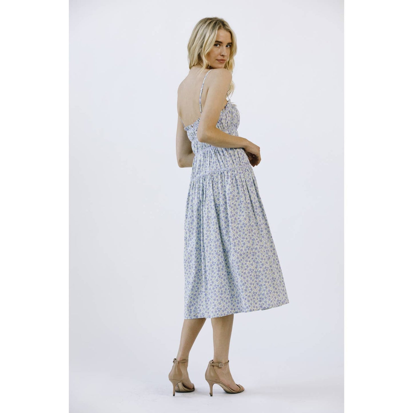 JD4560-1- FLORAL PRINT AND CONTRAST LINING MIDI DRESS: BLUE FLORAL