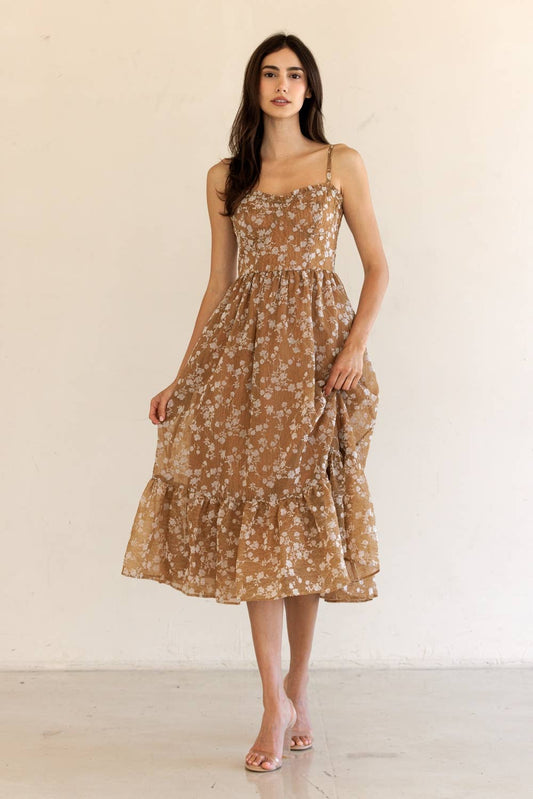 HD1724-39-FLORAL PRINT RUFFLED HEM MIDI DRESS: DK CORAL/FLORAL