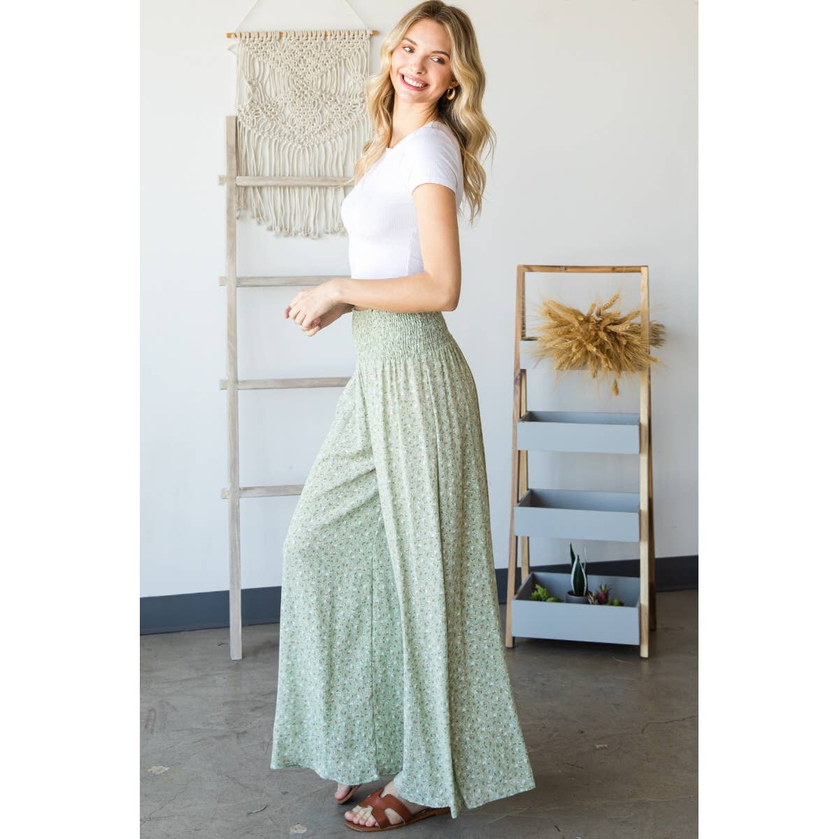 P53089E - Rayon Ditsy Floral Smocked Waist Pants: Natural