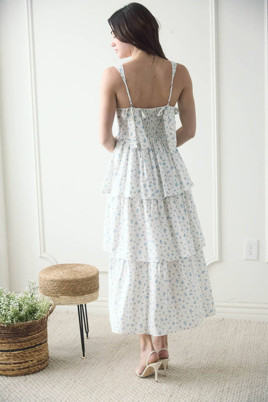 FLORAL SLEEVELESS CORSET RUFFLE TIERED MIDI DRESS: BLUE TB8824