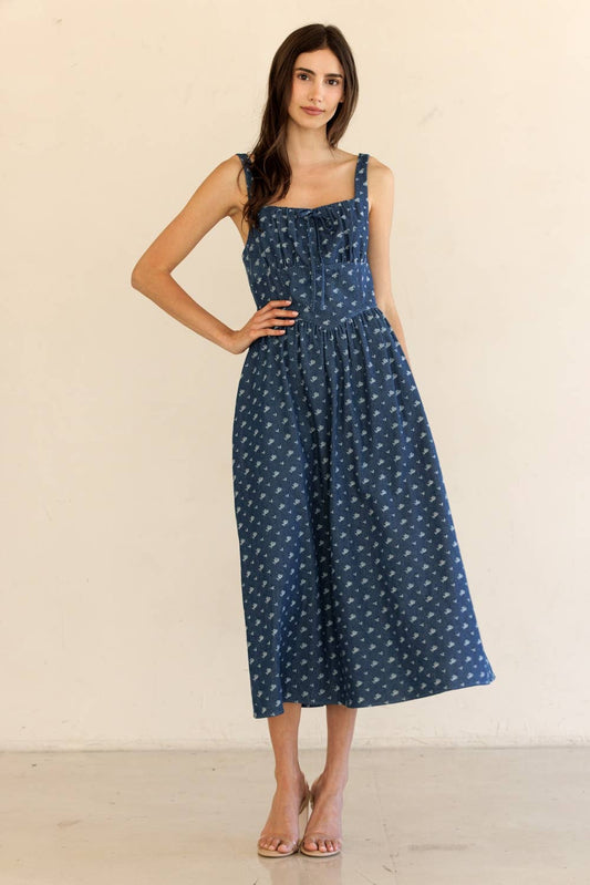 JD7676-DENIM FLORAL CORSET MIDI DRESS: DENIMFLORAL