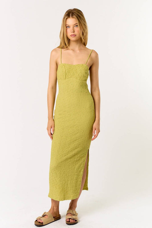 IBD32207 TEXTURED OPEN TIE BACK MIDI DRESS : LIME