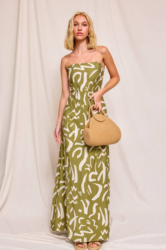 Modern Possibilities Strapless Drape Back Maxi Dress: BLACK NATURAL / S-M-L(2-2-2)
