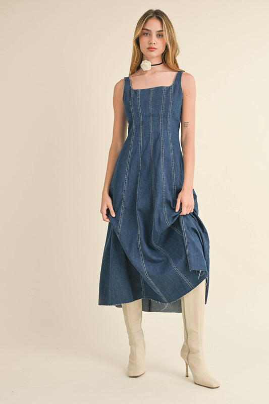 D3099  PANELED DENIM LONG DRESS: DENIM