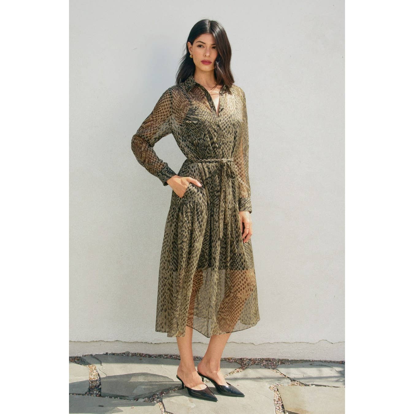 Snake Cave Collared Belt Midi Dress: OLIVE BLACK / FD12895-CP566_1
